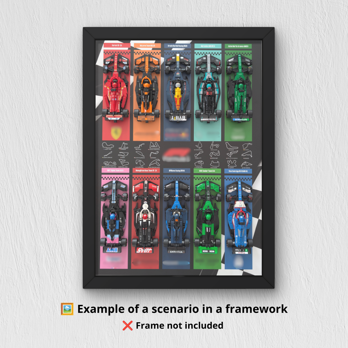 Générique Display à encadrer 50×70 cm pour collection LEGO F1 Speed Champions – Support Forex 3 mm - Décoration murale pour collectionneurs - Figurines non incluses